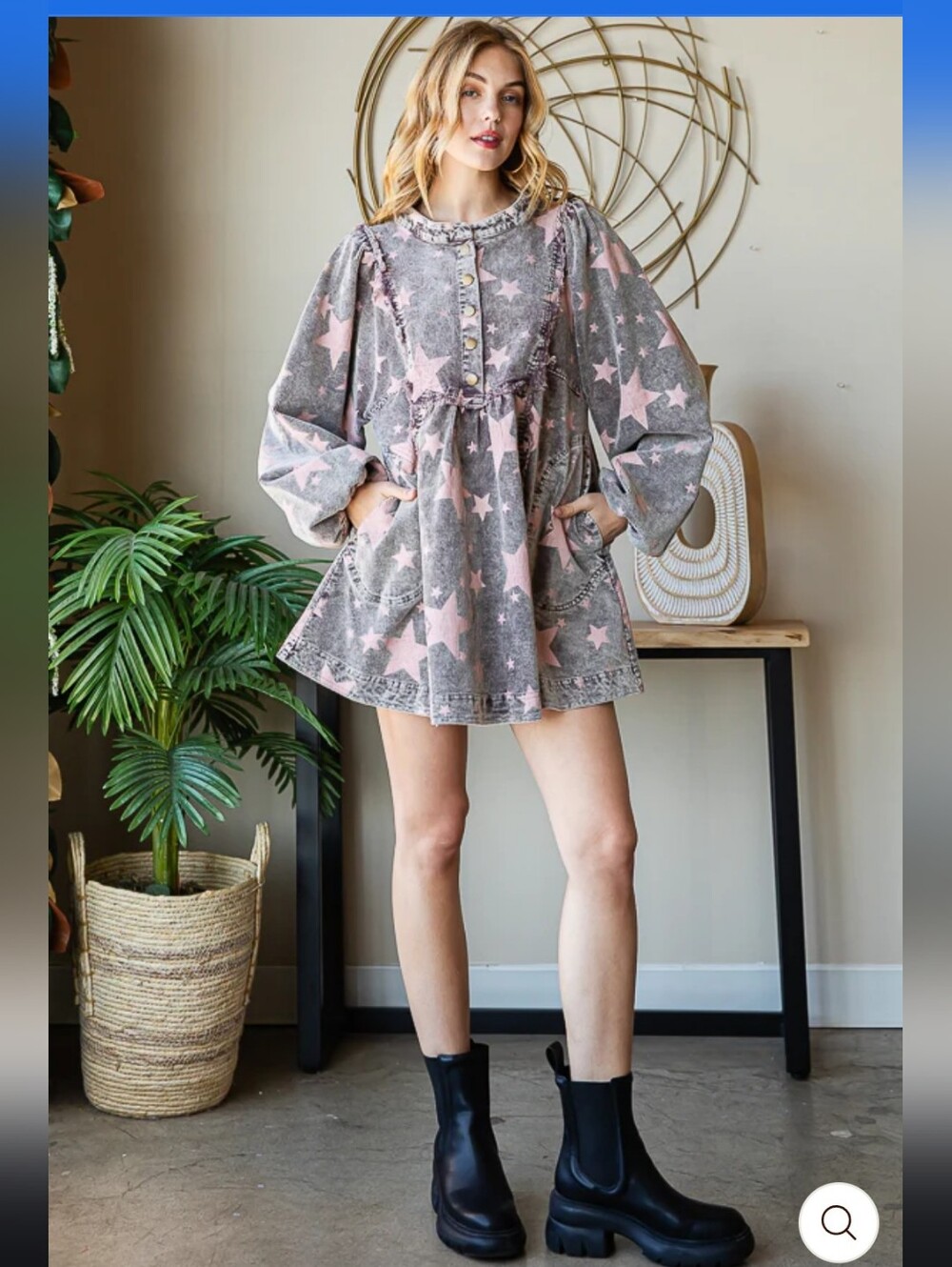 #294. Oli&Hali Wash Star Printed Peplum Corduroy Babydoll Top - Picture 6 of 8